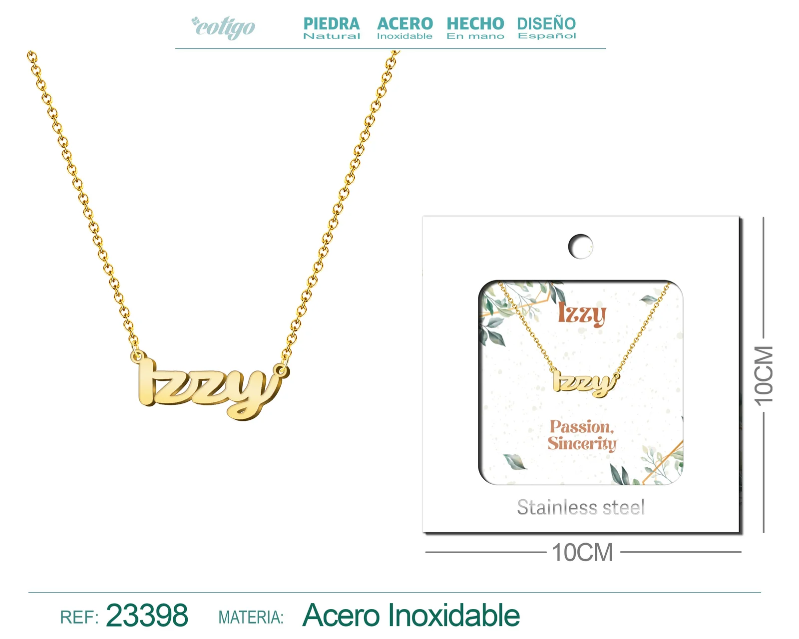 COLLAR NOMBRE INGLES IZZY ACERO CON SOBRE
