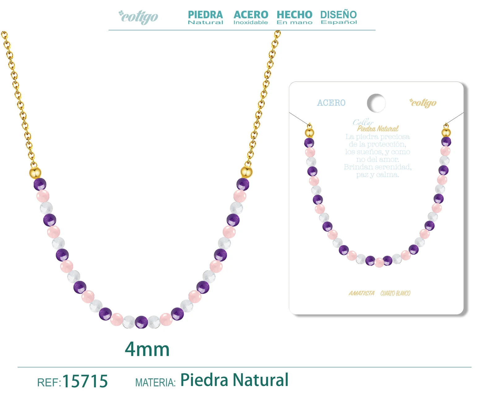 COLLAR CUARZO ROSA，AMATISTA，CUARZO BLANCO 4MM