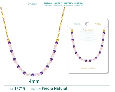 COLLAR CUARZO ROSA，AMATISTA，CUARZO BLANCO 4MM