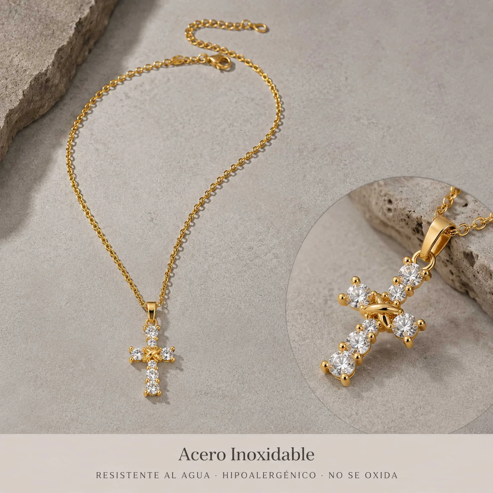 Colgangte Cobre con Circonita Colar Dorado y Cadena Acero
