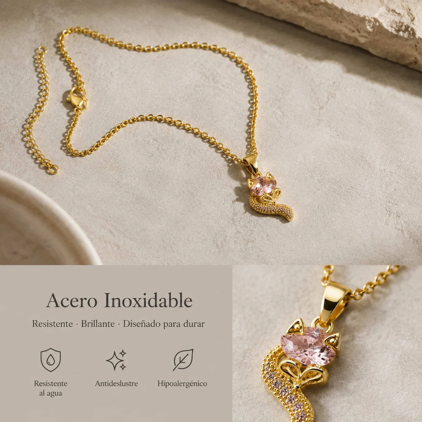 Colgangte Cobre con Circonita Colar Dorado y Cadena Acero