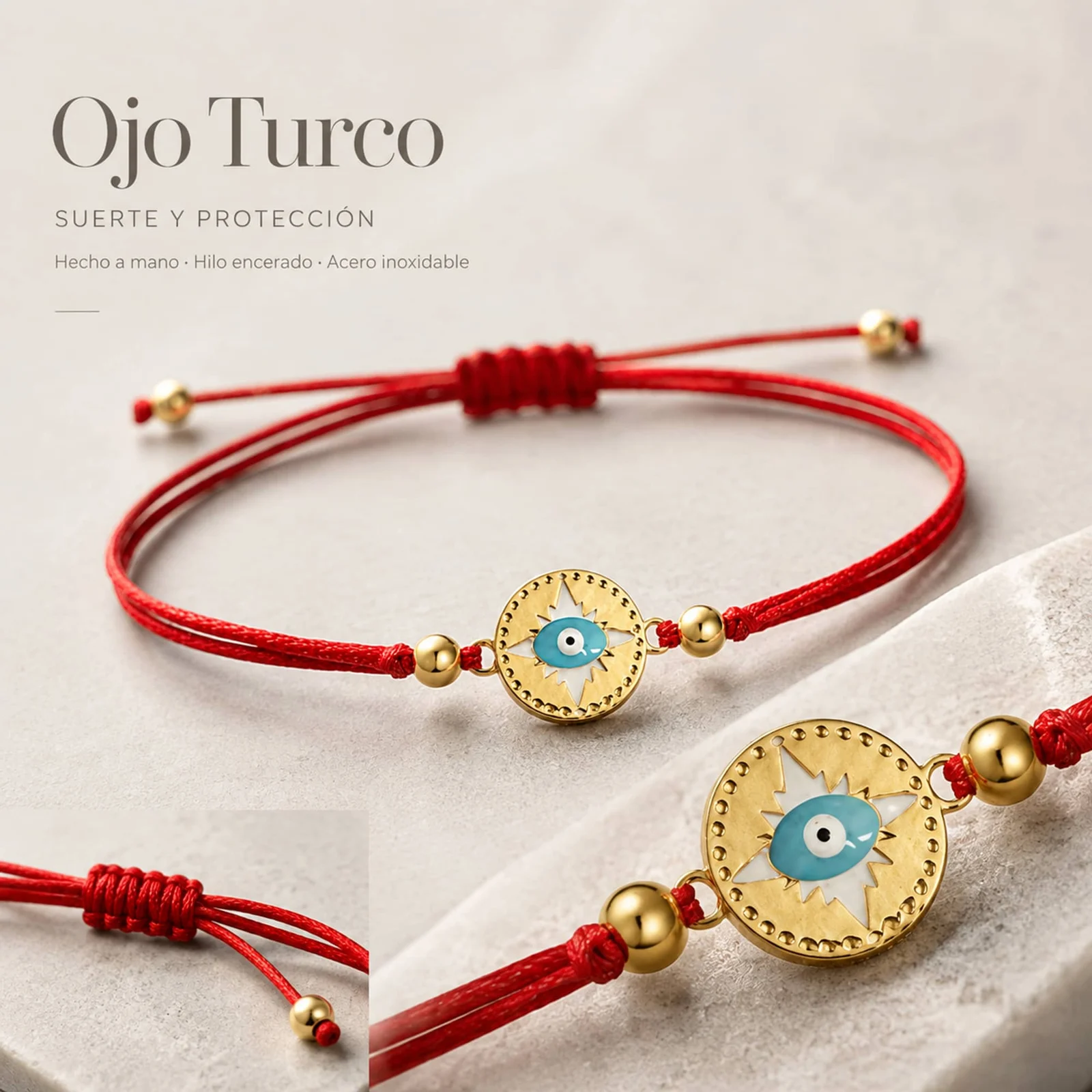 Pulsera Hilo encerado Rojo CON OJO TURCO Dorado