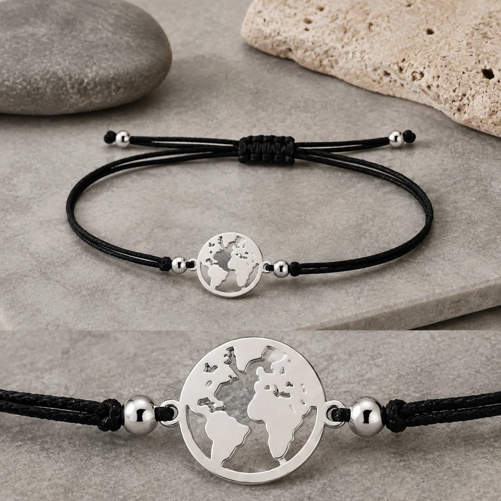 PULSERA MAPA DE MUNDO PLATEADO DE HILO EN.NEGRO