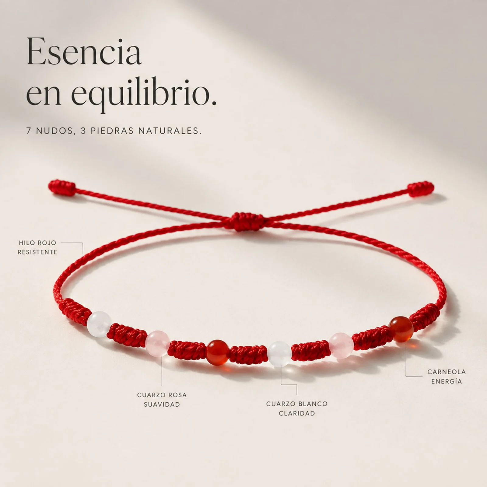 PULSERA 7 NUDOS CON  CARNEOLA+CUARZO BLANCO+CUARZO ROSA 4MM