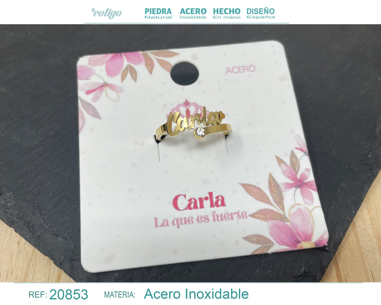 ANILLO NOMBRE CARLA ACERO COLOR DORADO