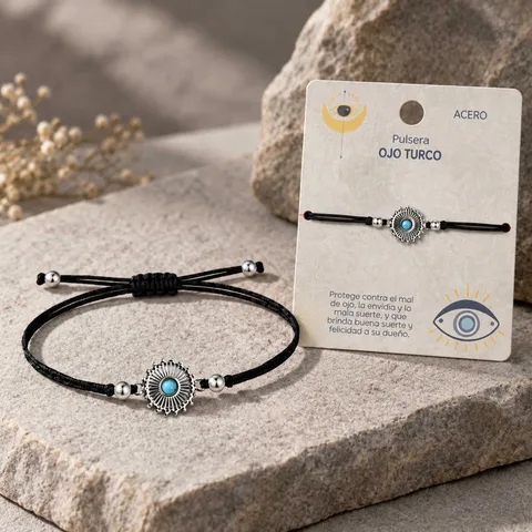 Pulsera Hilo encerado Negro CON OJO TURCO Plateado