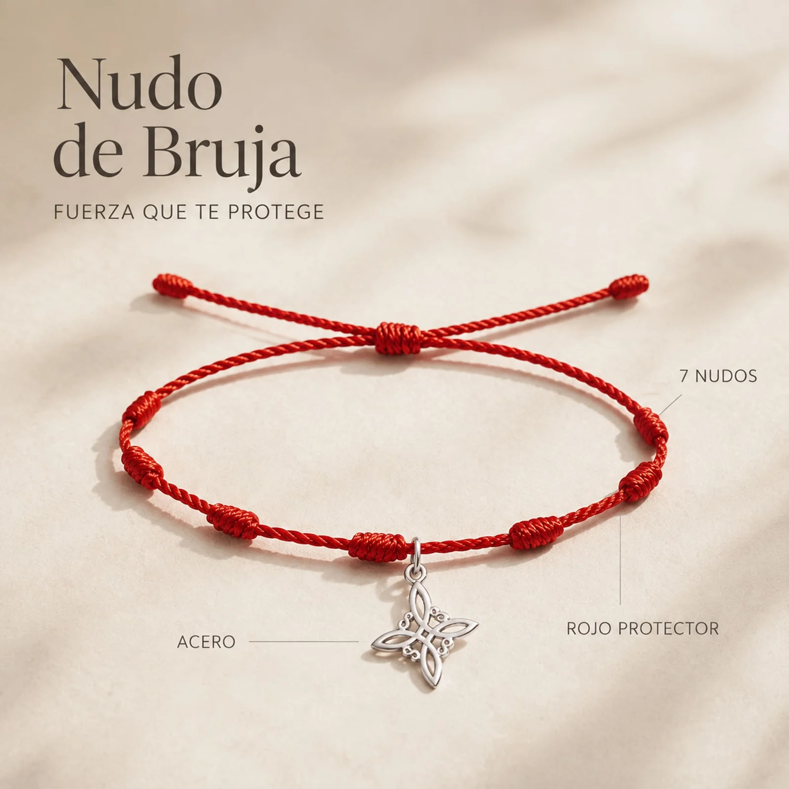 PULSERA 7 NUDOS CON NUDO DE BRUJA ACERO PLATEADO