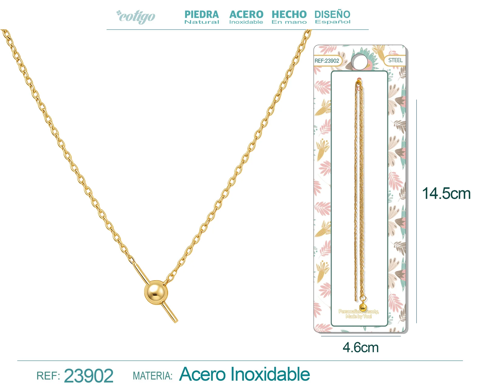 COLLAR DE CADENA ACERO COLOR DORADO CON CIRRE DE BOLA Y GOMA PARA CHARM