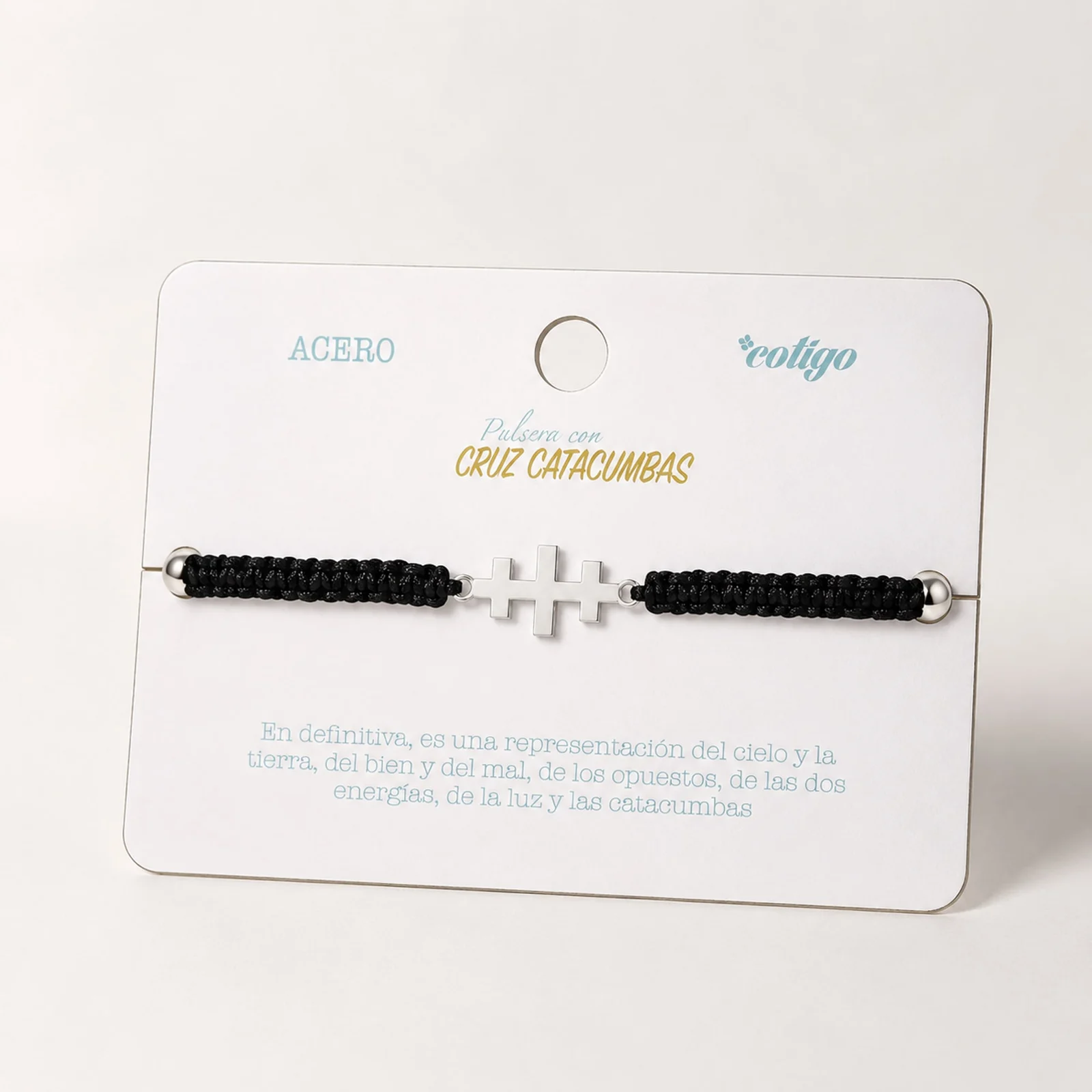 PULSERA HILO DESTINO  CON CRUZ CATACUMBAS ACERO PLATEADO