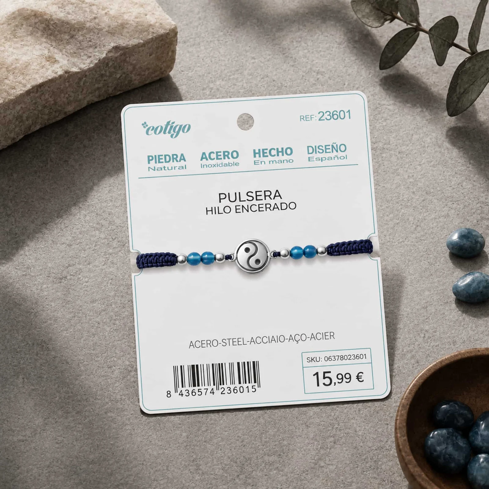 PULSERA HILO ENCERADO CON ÁGATA AZUL Y YINYAN ACERO