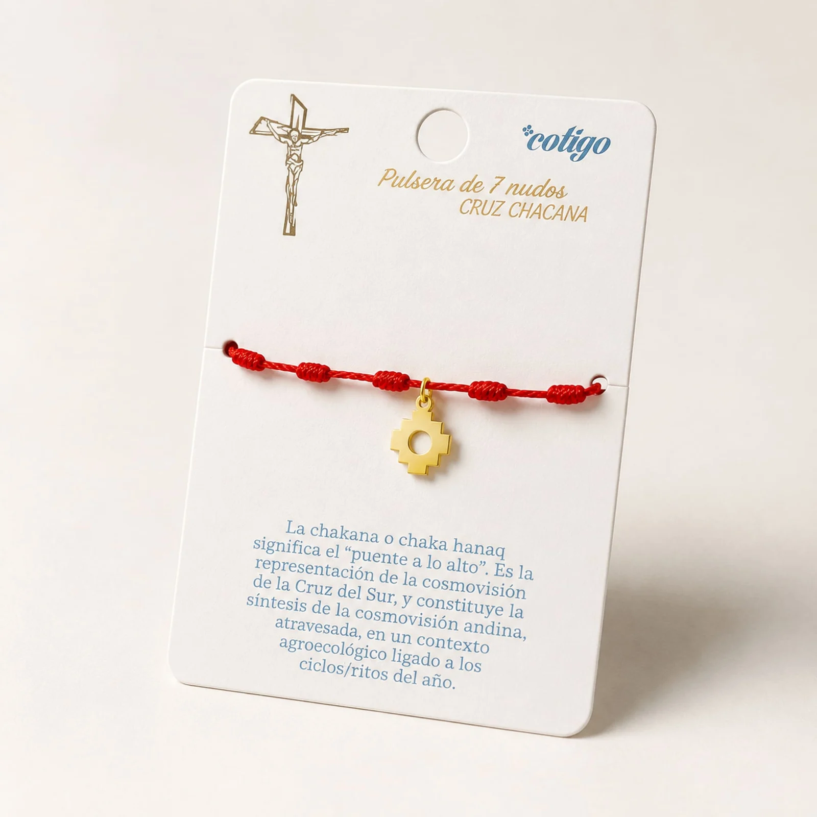 PULSERA 7 NUDOS CON CRUZ CHACANA COLOR DORADO