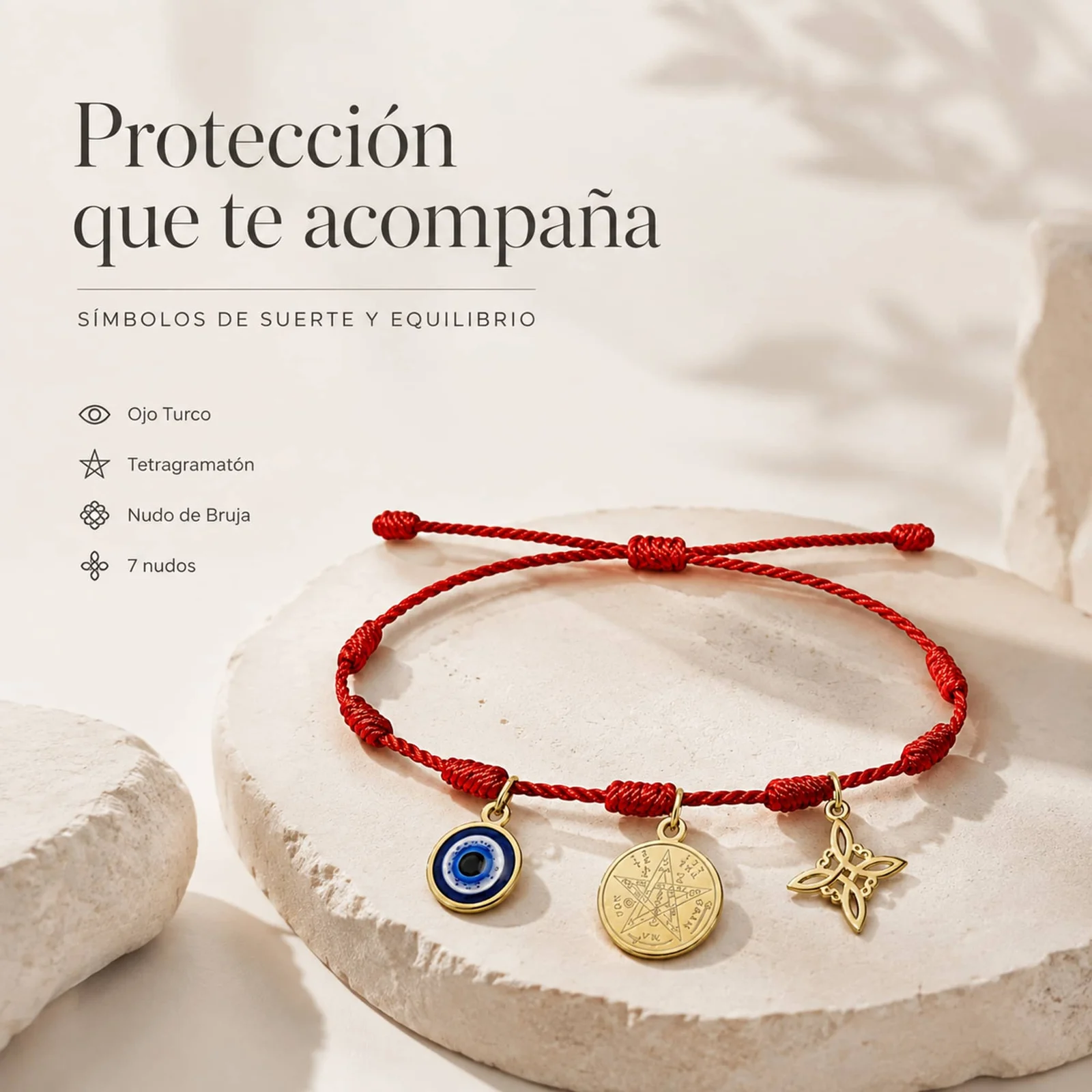 PULSERA 7 NUDOS CON TETRAGRÁMATON  NUDO DE BRUJA Y OJO TURCO ACERO DORADO
