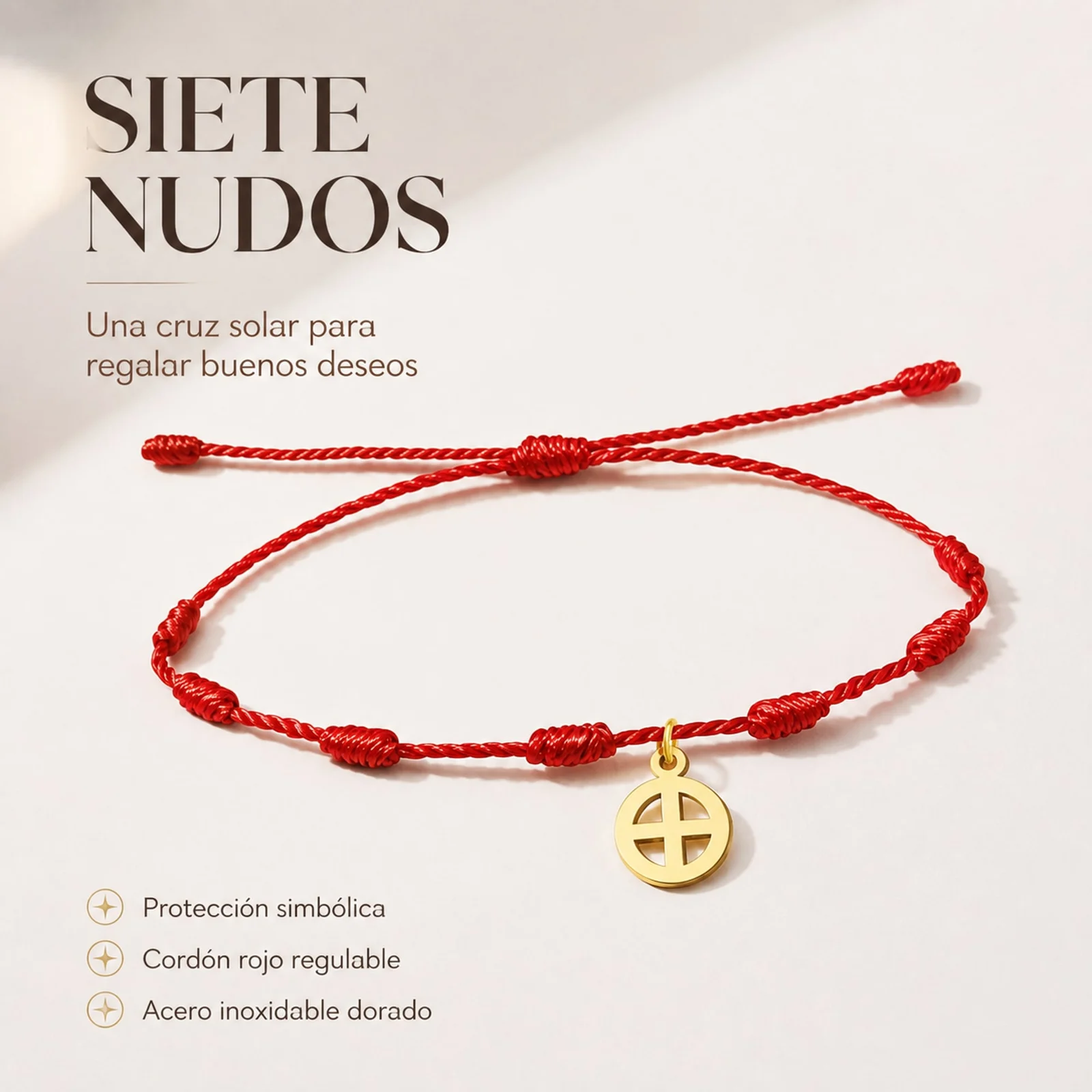 PULSERA 7 NUDOS CON CRUZ SOLAR COLOR DORADO
