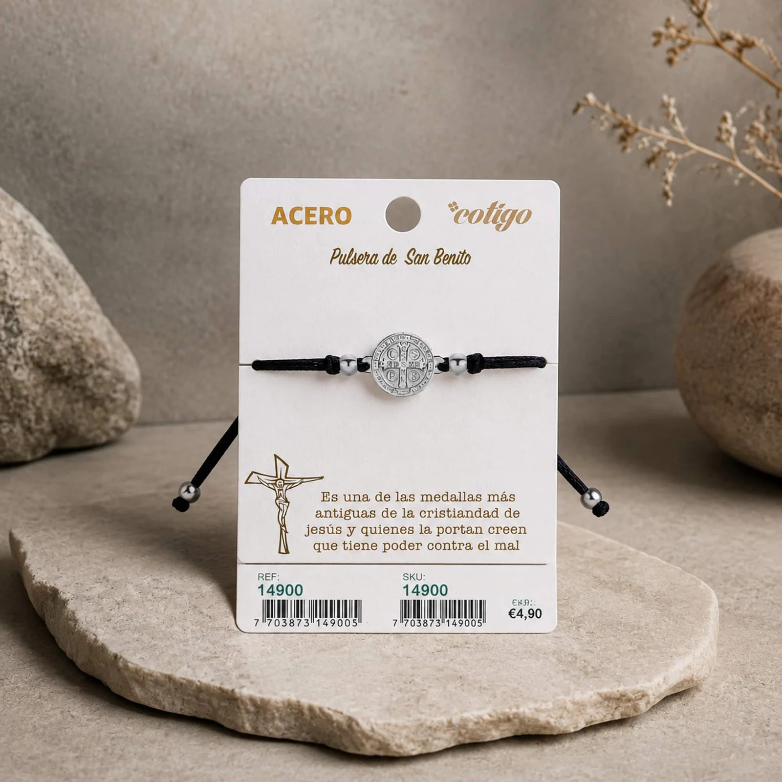 PULSERA HILO ENCERADO NEGRO-SANBENITO PLATEADO