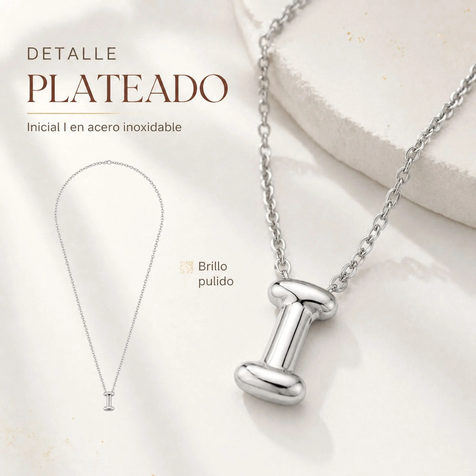 COLLAR INICIAL LETRA I ACERO CON SOBRE
