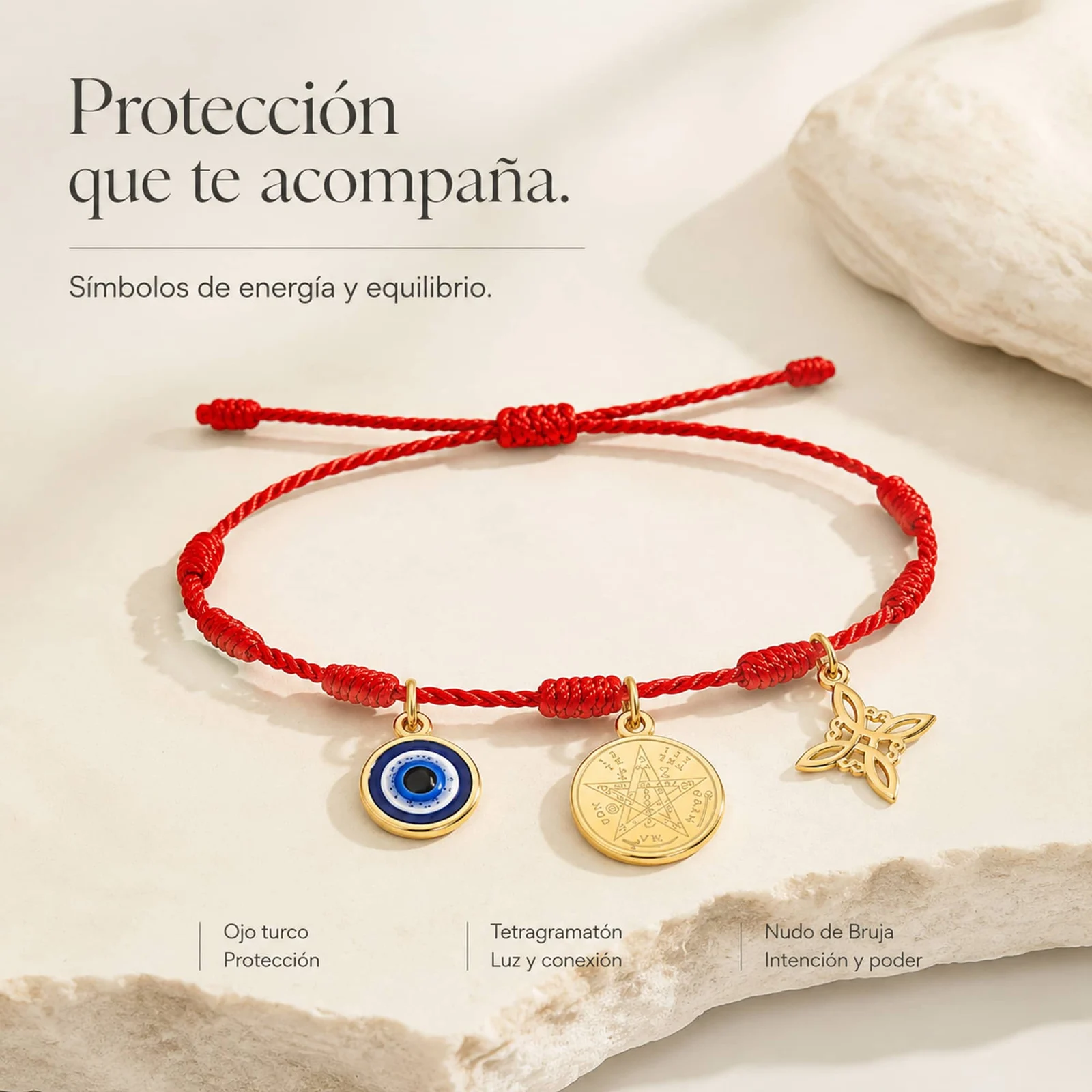 PULSERA 7 NUDOS CON TETRAGRÁMATON  NUDO DE BRUJA Y OJO TURCO ACERO DORADO
