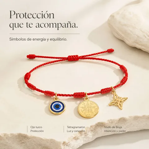 PULSERA 7 NUDOS CON TETRAGRÁMATON  NUDO DE BRUJA Y OJO TURCO ACERO DORADO