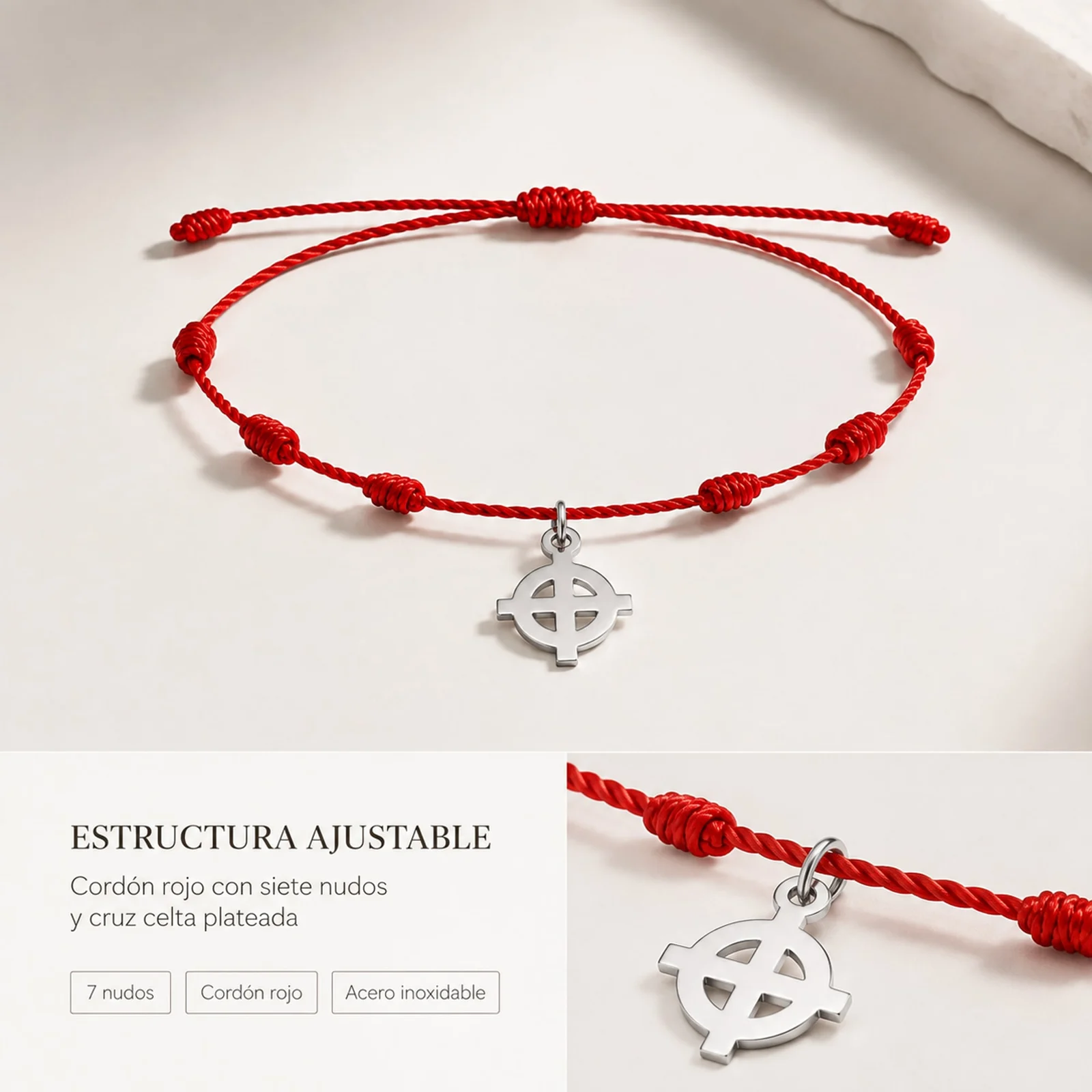 PULSERA 7 NUDOS CON CRUZ CELTA COLOR PLATEADO