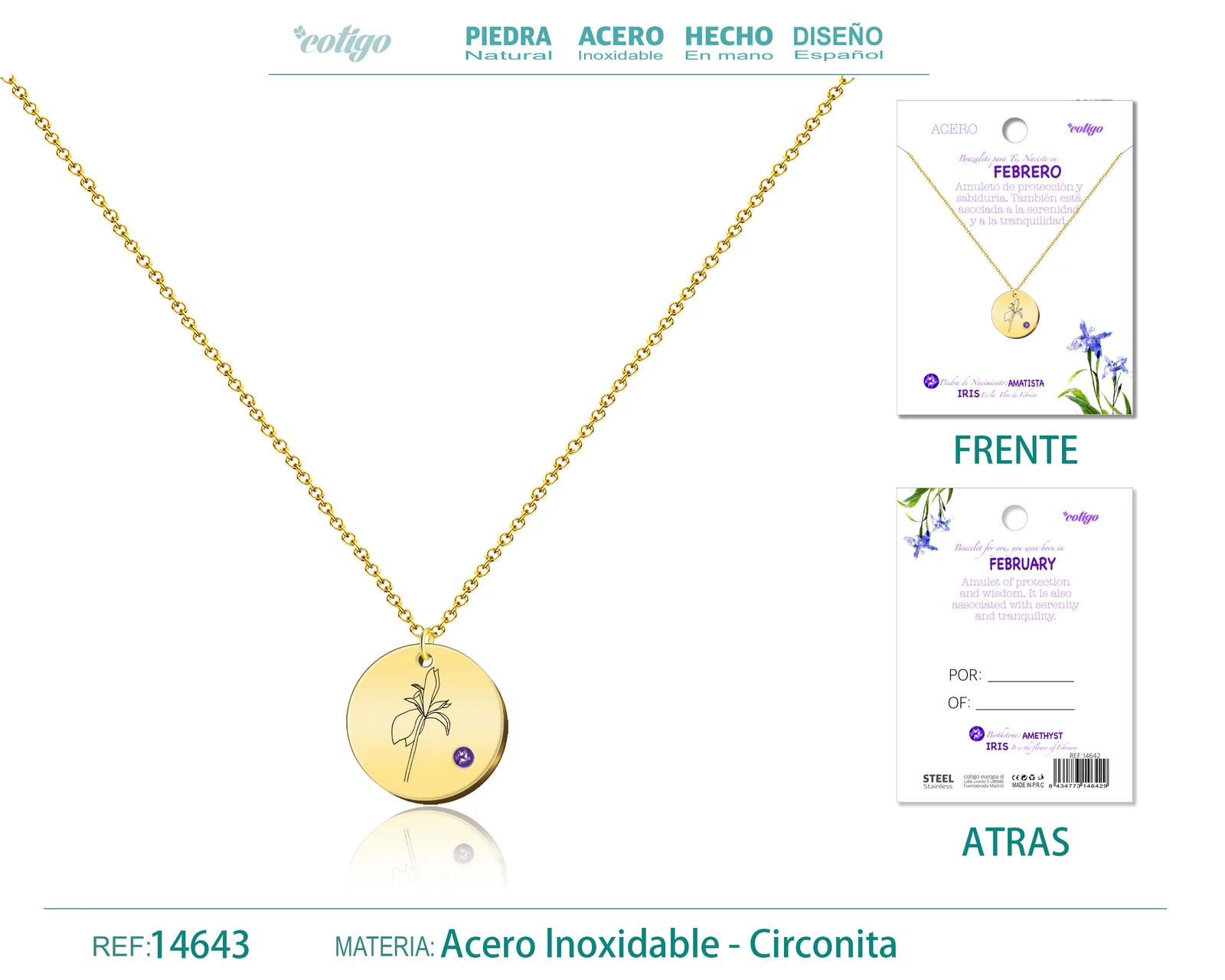 COLLAR ACERO PARA NACIMIENTO DE FEBRERO DORADO