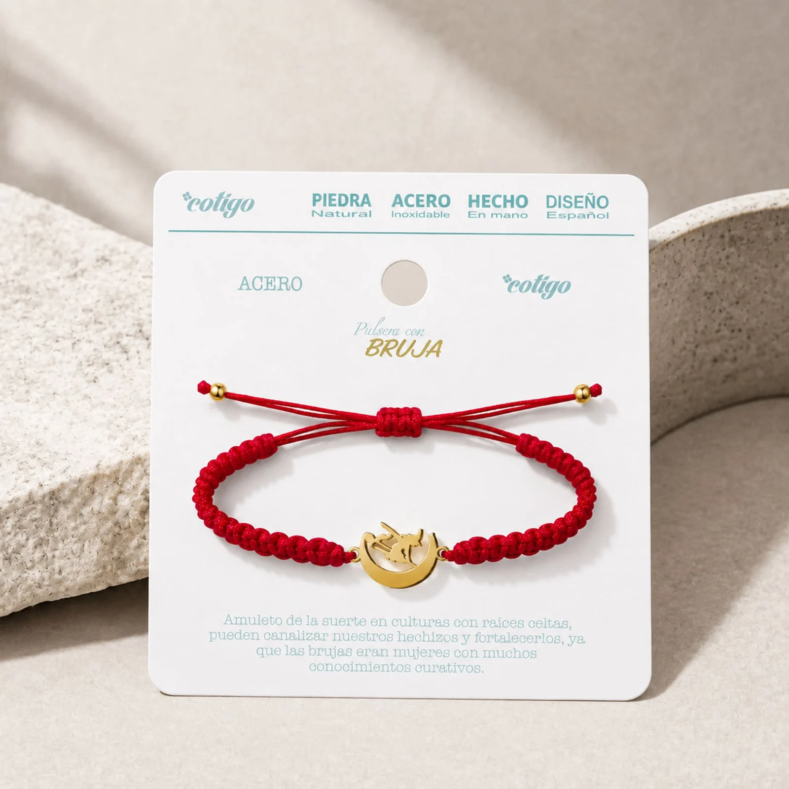 PULSERA HILO DESTINO  CON BRUJA ACERO DORADO