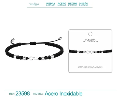 PULSERA HILO ENCERADO CON AGATA NEGRA Y OSO ACERO