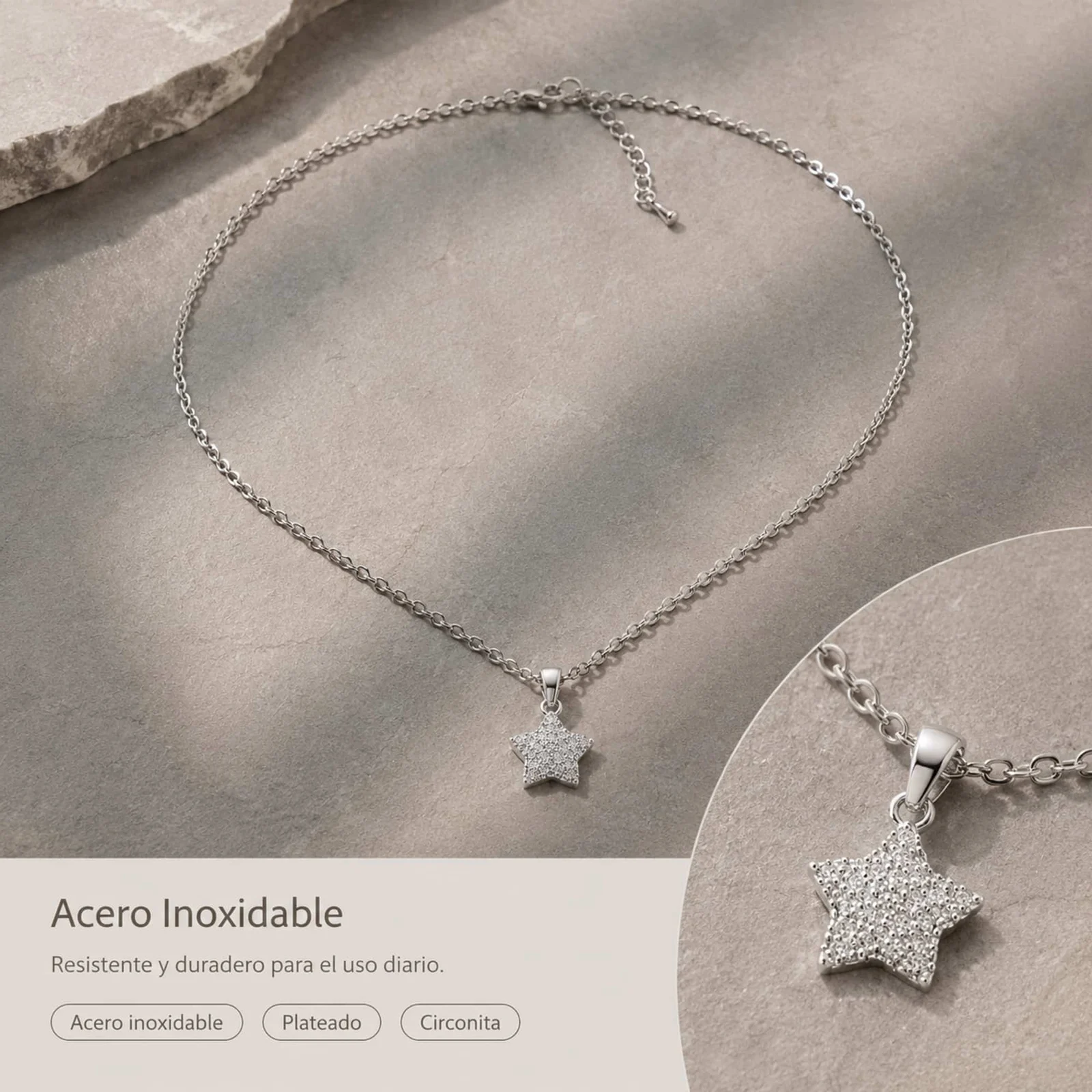 Colgangte Cobre con Circonita Colar Plateado y Cadena Acero