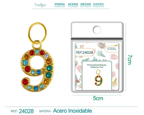 CHARM DE NÚMERO 9 ACERO COLOR DORADO CON CIRCONITA