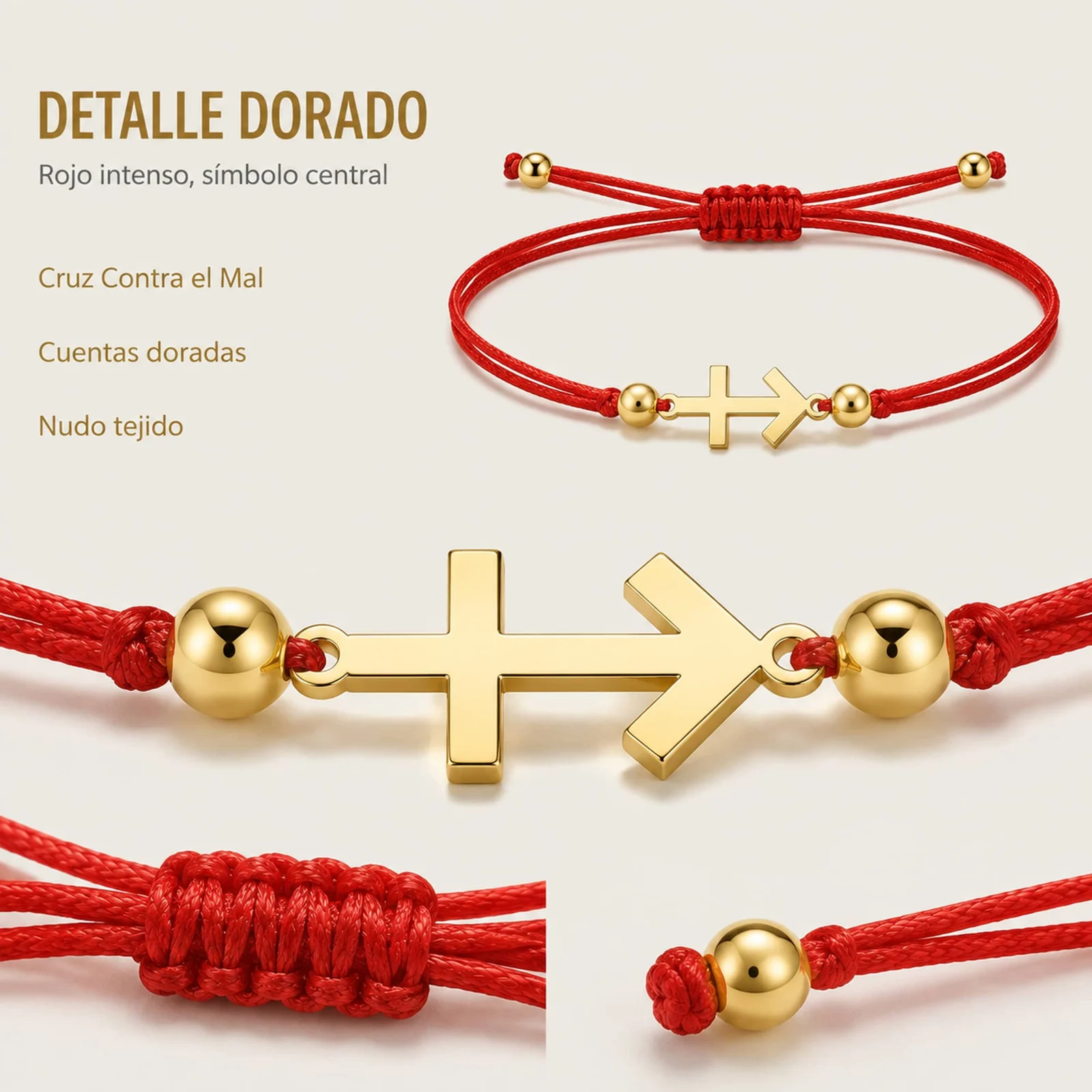 PULSERA CRUZ CONTRA EL MAL DORADO DE HILO EN.ROJO