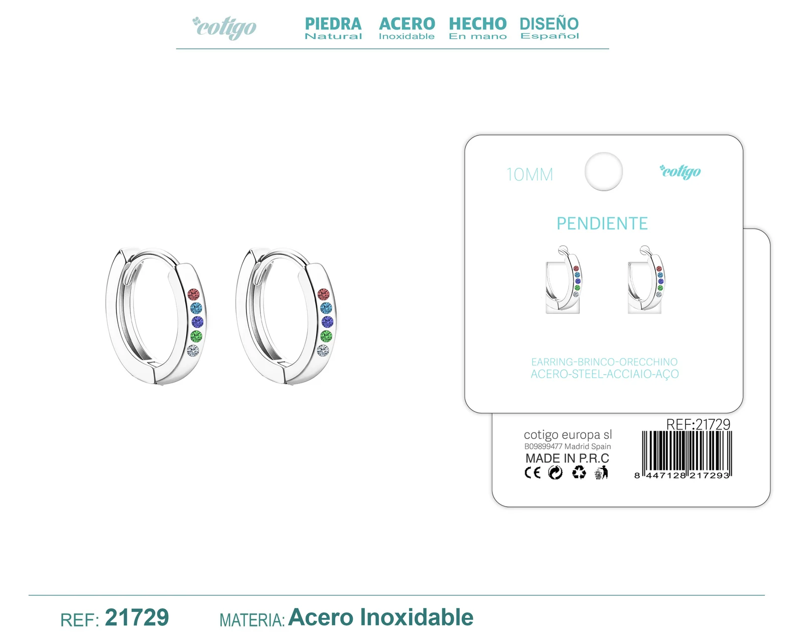 ARO ACERO 10MM PLATEADO CON CIRCONITA COLORES
