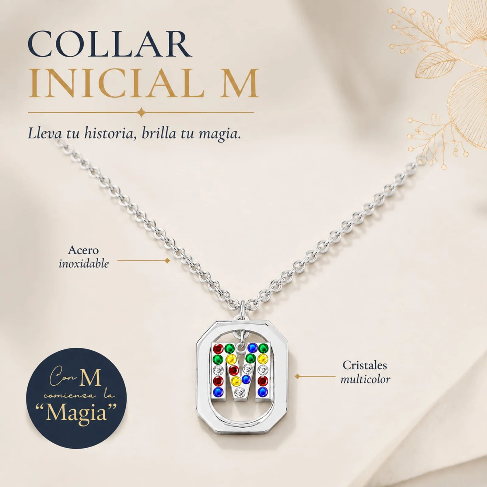 COLLAR INICIAL LETRA M ACERO CON SOBRE