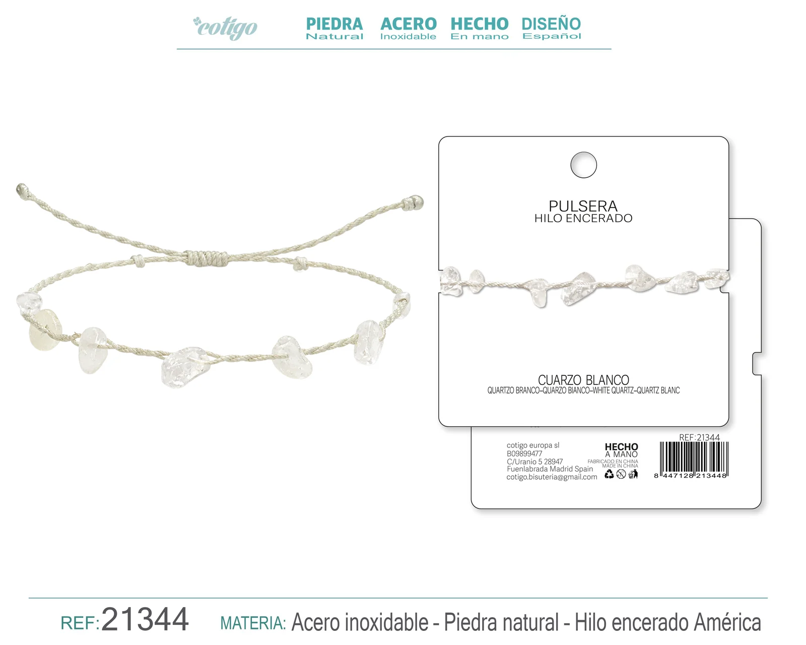 PULSERA HILO ENCERADO CON CUARZO BLANCO