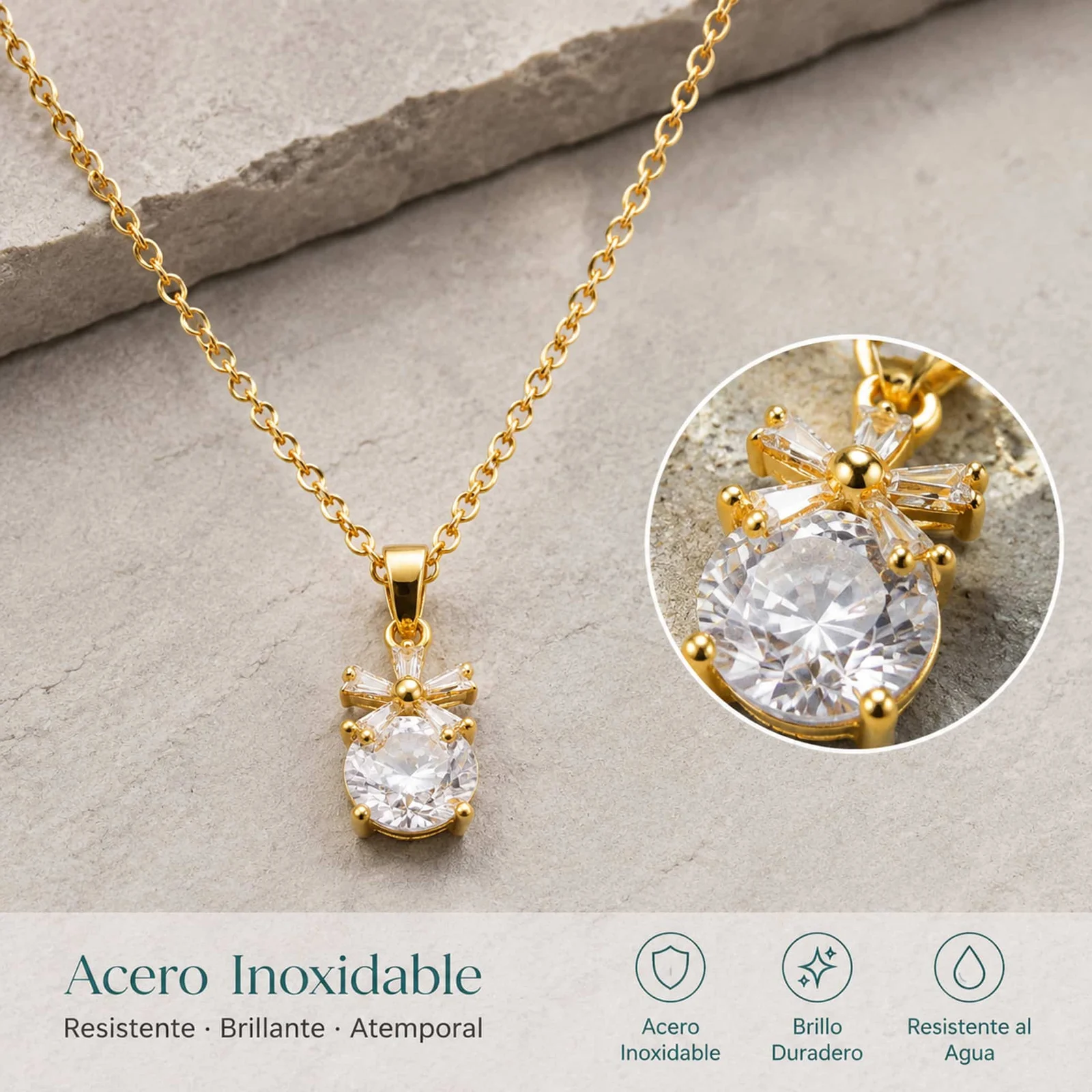 Colgangte Cobre con Circonita Colar Dorado y Cadena Acero