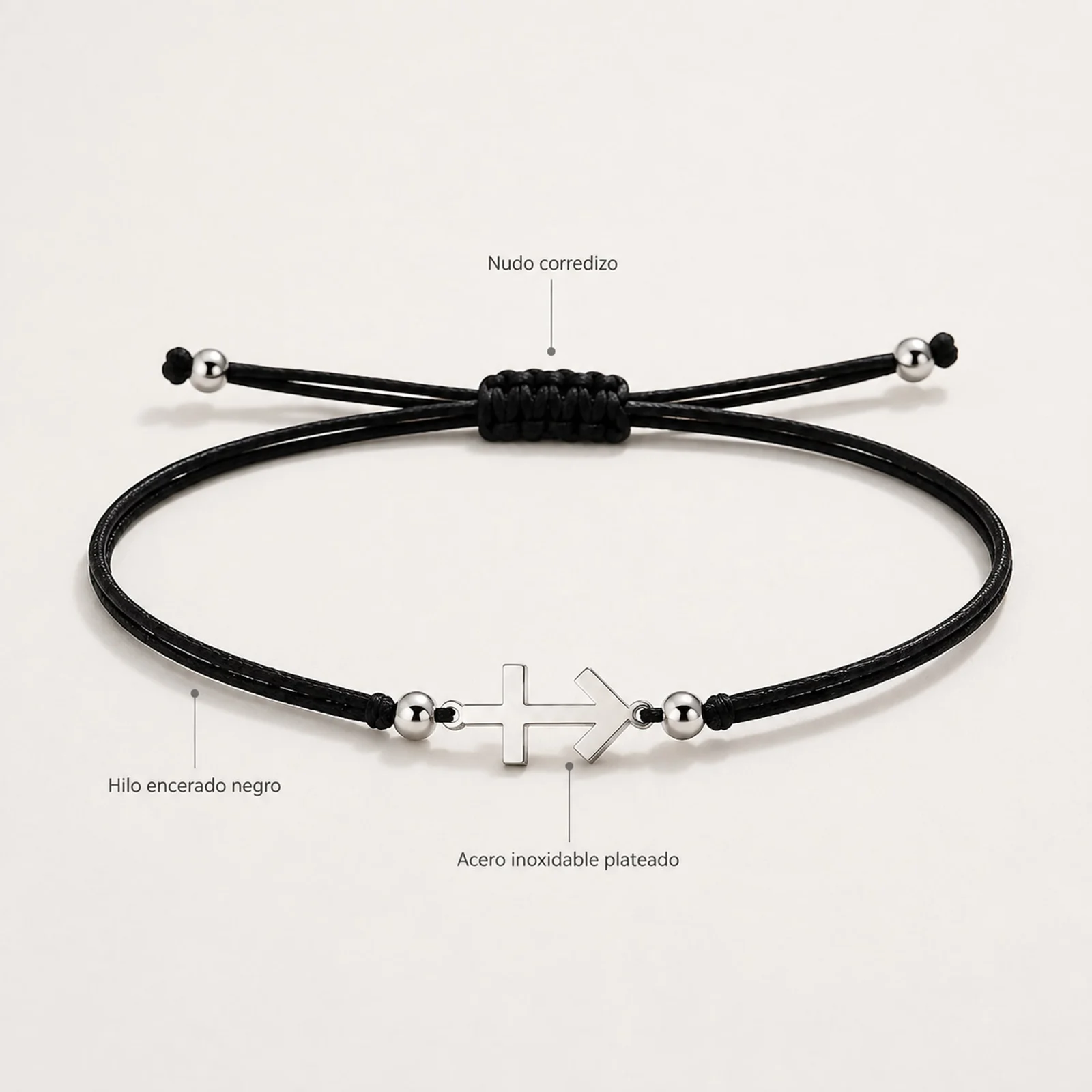 PULSERA CRUZ CONTRA EL MAL PLATEADO DE HILO EN.NEGRO