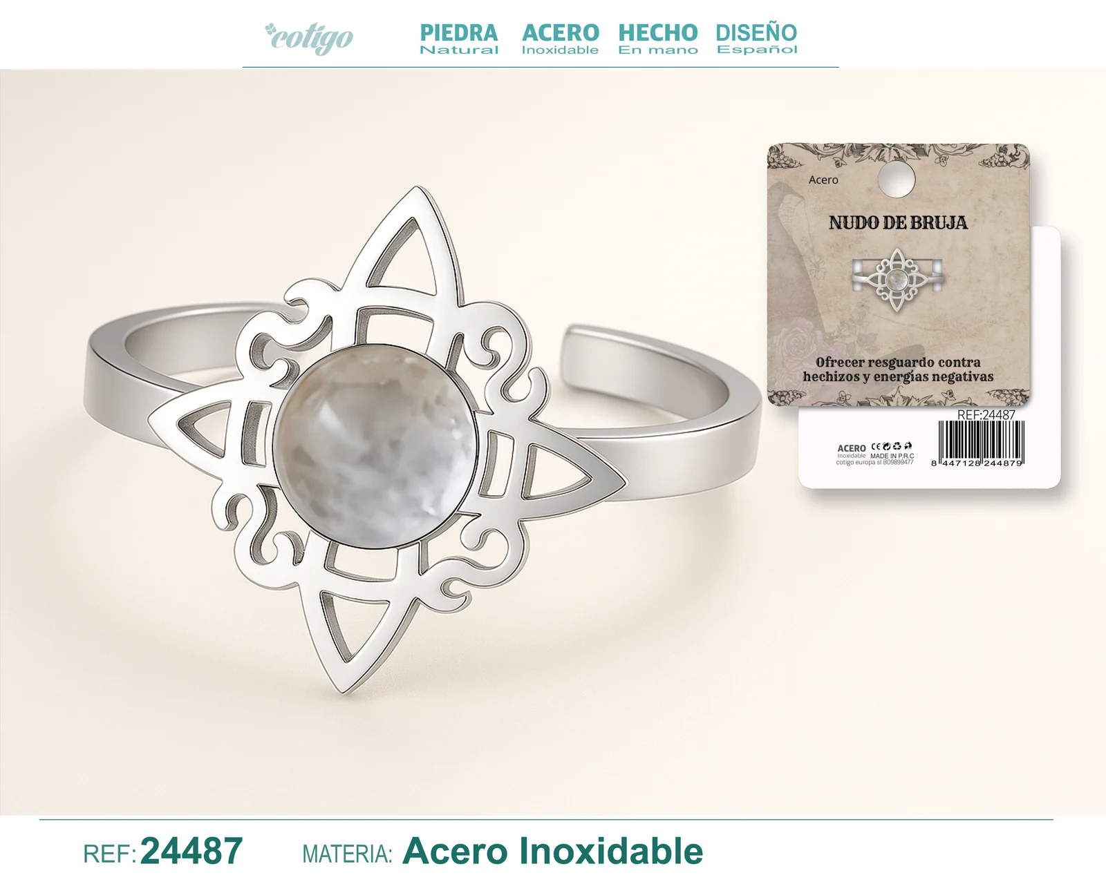 ANILLO NUDO DE BRUJA ACERO PLATEADO CON CURZO BLANCO