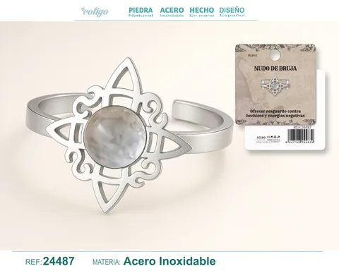 ANILLO NUDO DE BRUJA ACERO PLATEADO CON CURZO BLANCO
