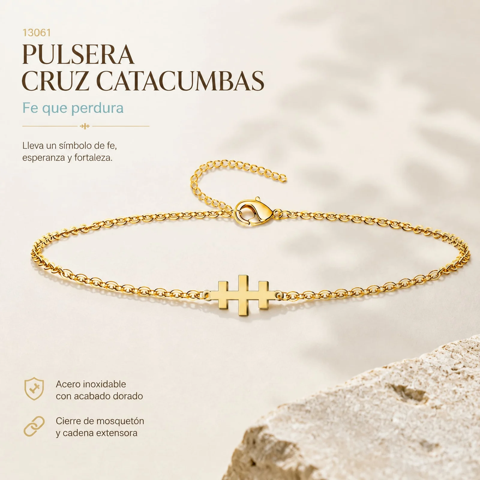 PULSERA CRUZ CATACUMBASACERO DORADO