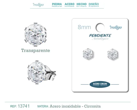PENDIENTE CIRCONITA REDONDO-TRANSPARENTE-8MM-BASE ACERO PLATEADO