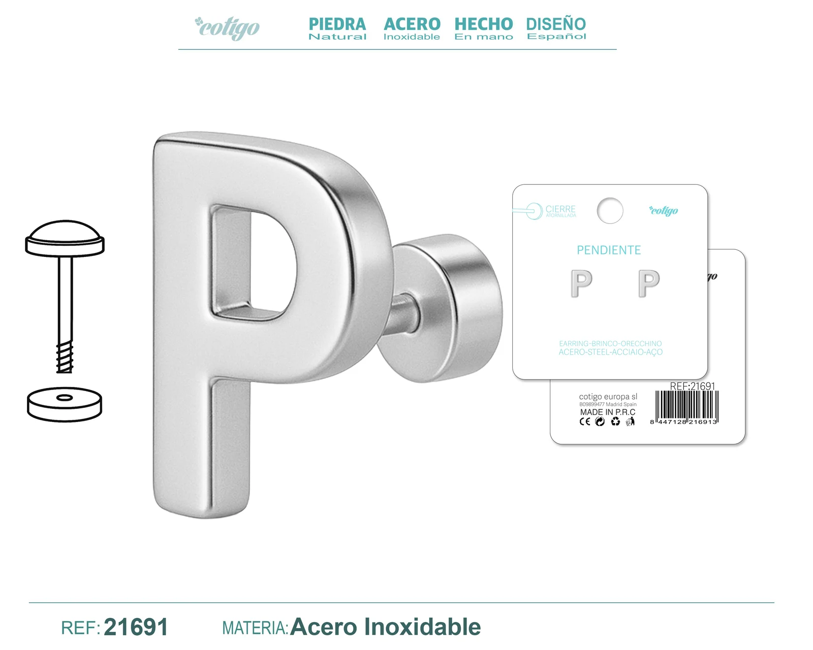 PENDIENTE ACERO  LETRA P COLOR PLATEADO CON CIERRE ROSCA