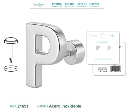 PENDIENTE ACERO  LETRA P COLOR PLATEADO CON CIERRE ROSCA