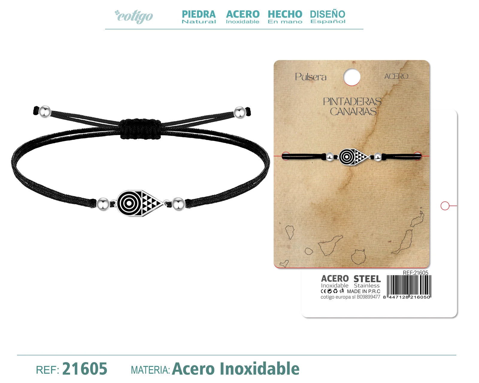 PULSERA HILO ENCERADO CON PINTADERA CANARIAS ACERO PLATEADO
