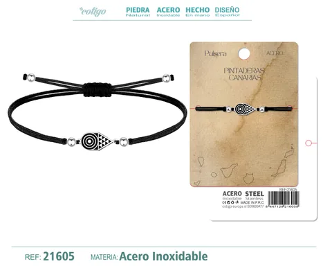 PULSERA HILO ENCERADO CON PINTADERA CANARIAS ACERO PLATEADO