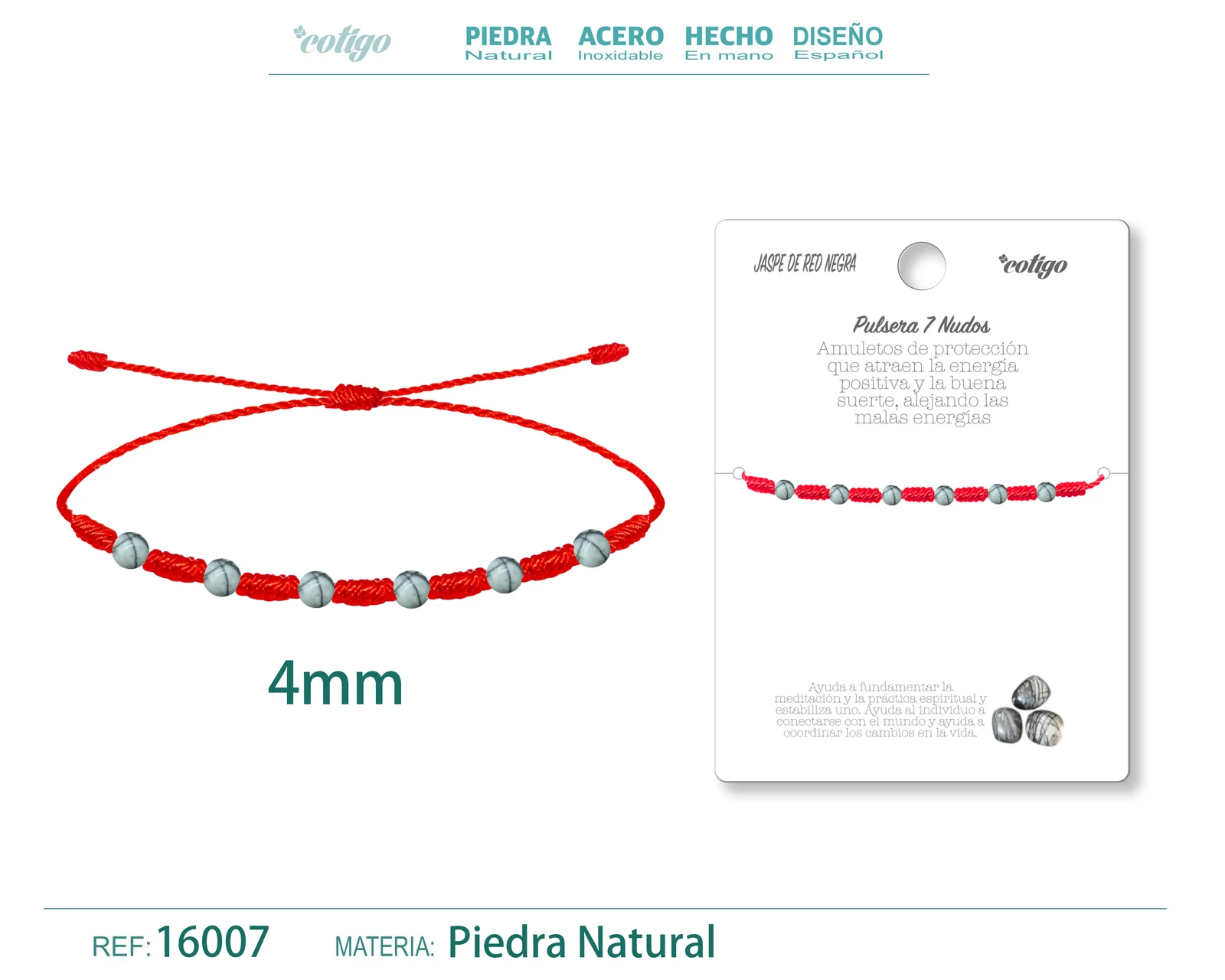 PULSERA 7 NUDOS CON  JASPE DE RED NEGRA 4MM