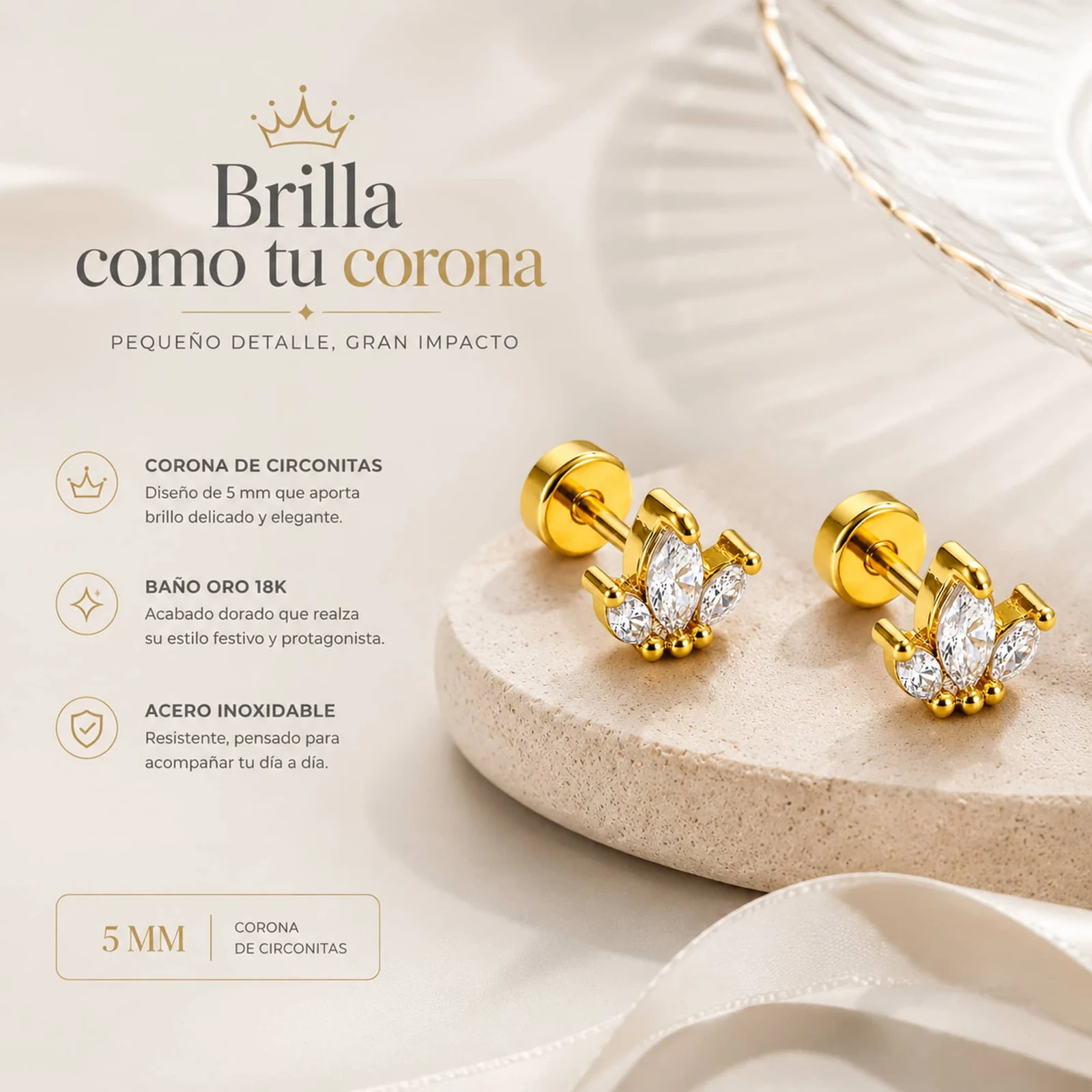 Pendiente-Piercing Bañado Oro 18K y con Circonita