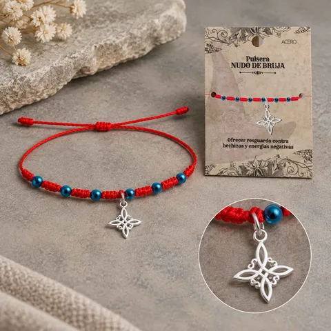 PULSERA 7 NUDOS CON OJO DE TURCO Y NUDO DE BRUJA ACERO PLATEADO