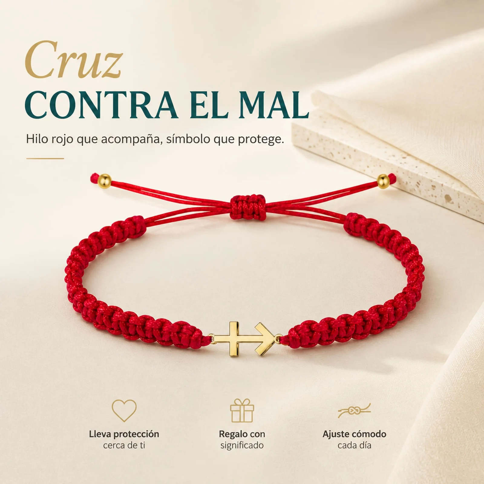 PULSERA HILO DESTINO  CON CRUZ CONTRA EL MAL ACERO DORADO