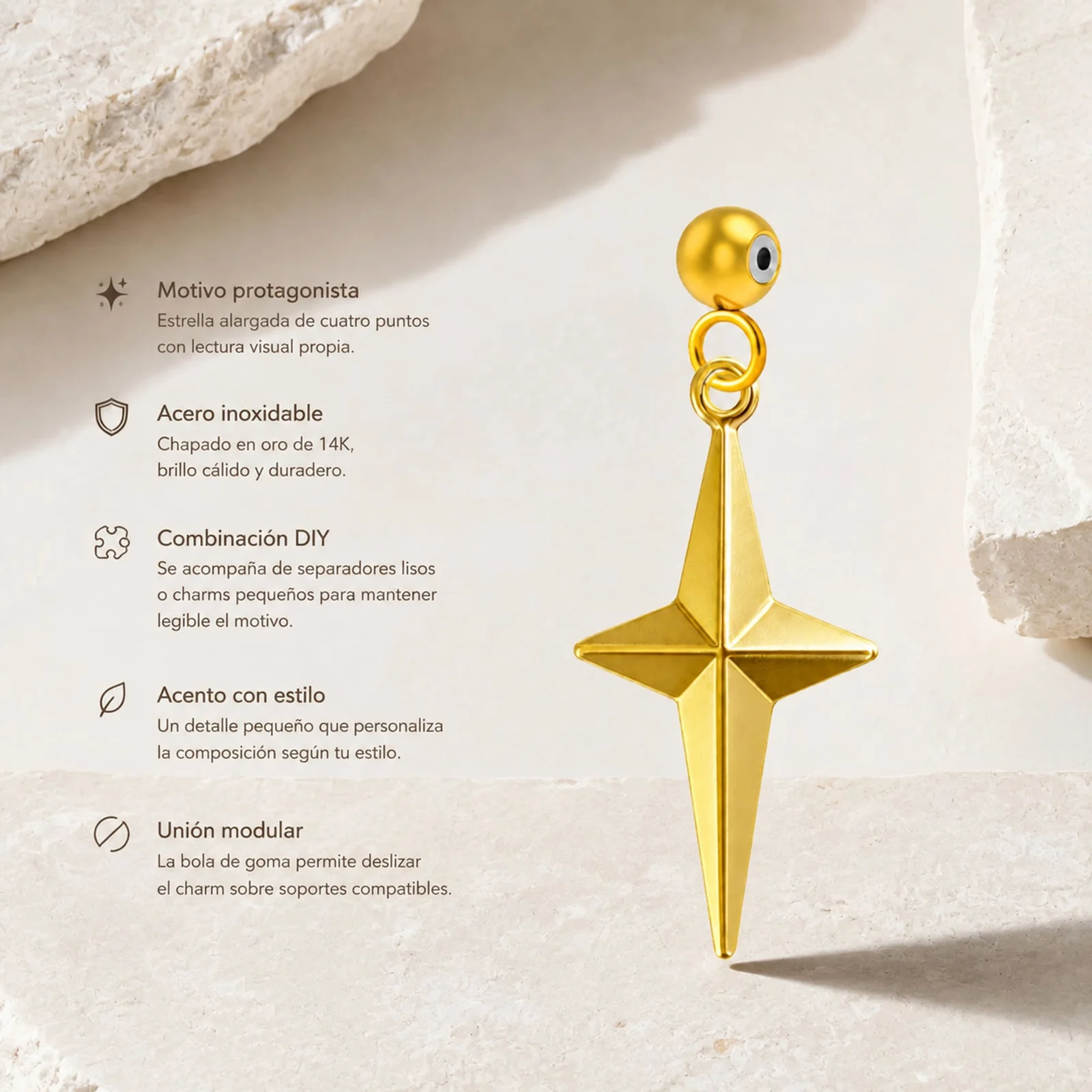 CHARM ACERO DORADO CHAPADO ORO 14 K-CON BOLA DE GOMA