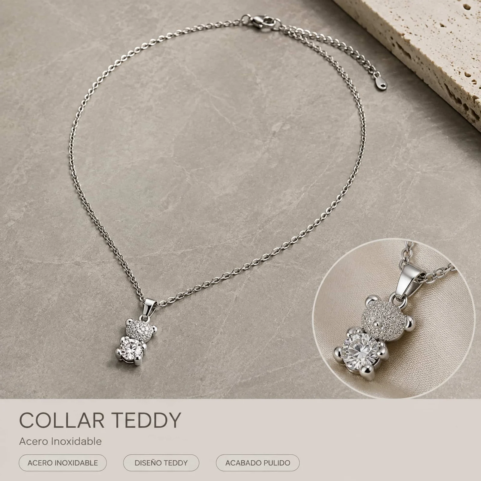Colgangte Cobre con Circonita Colar Plateado y Cadena Acero