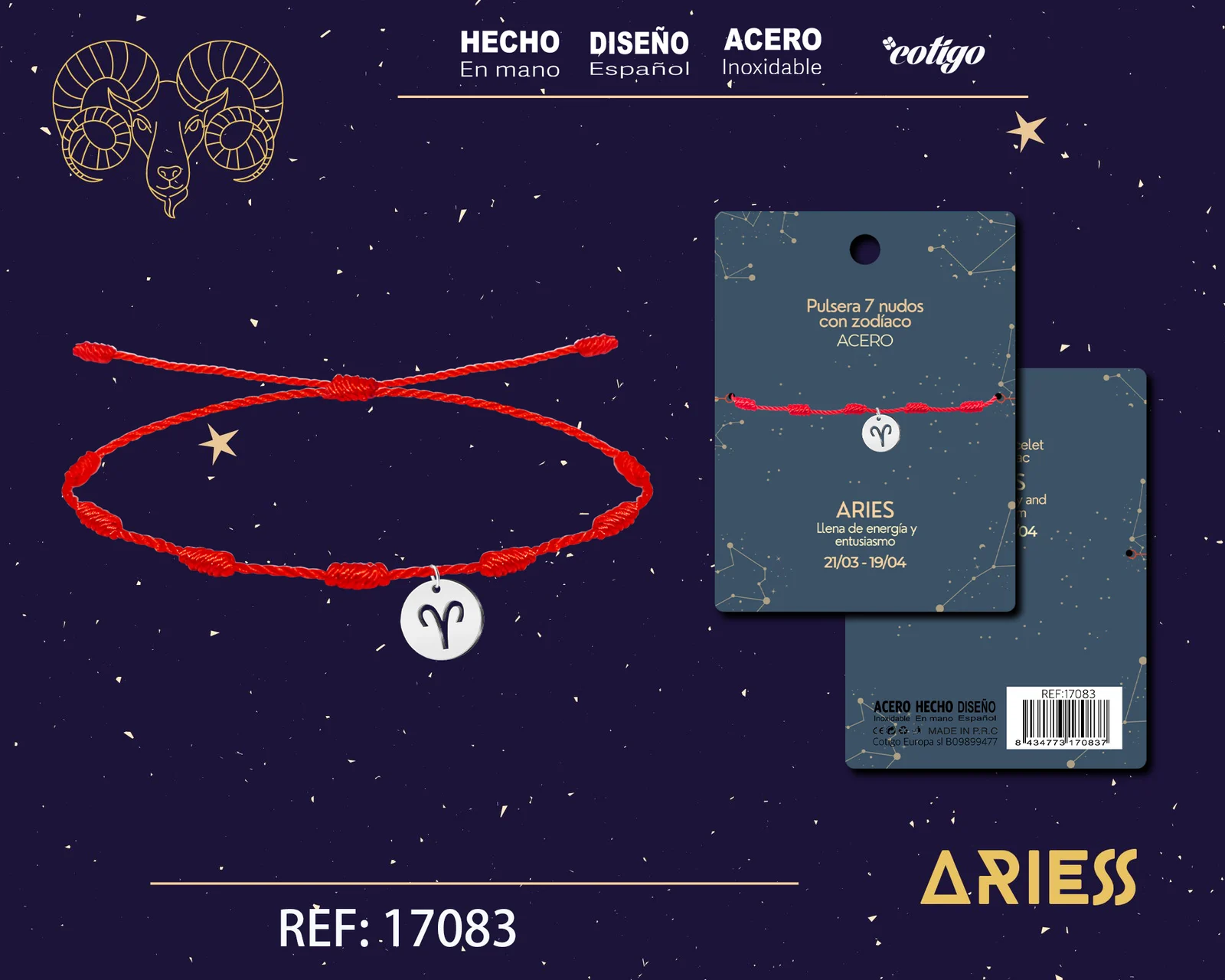 PULSERA 7 NUDOS CON ARIES ACERO. COLOR PLATEADO