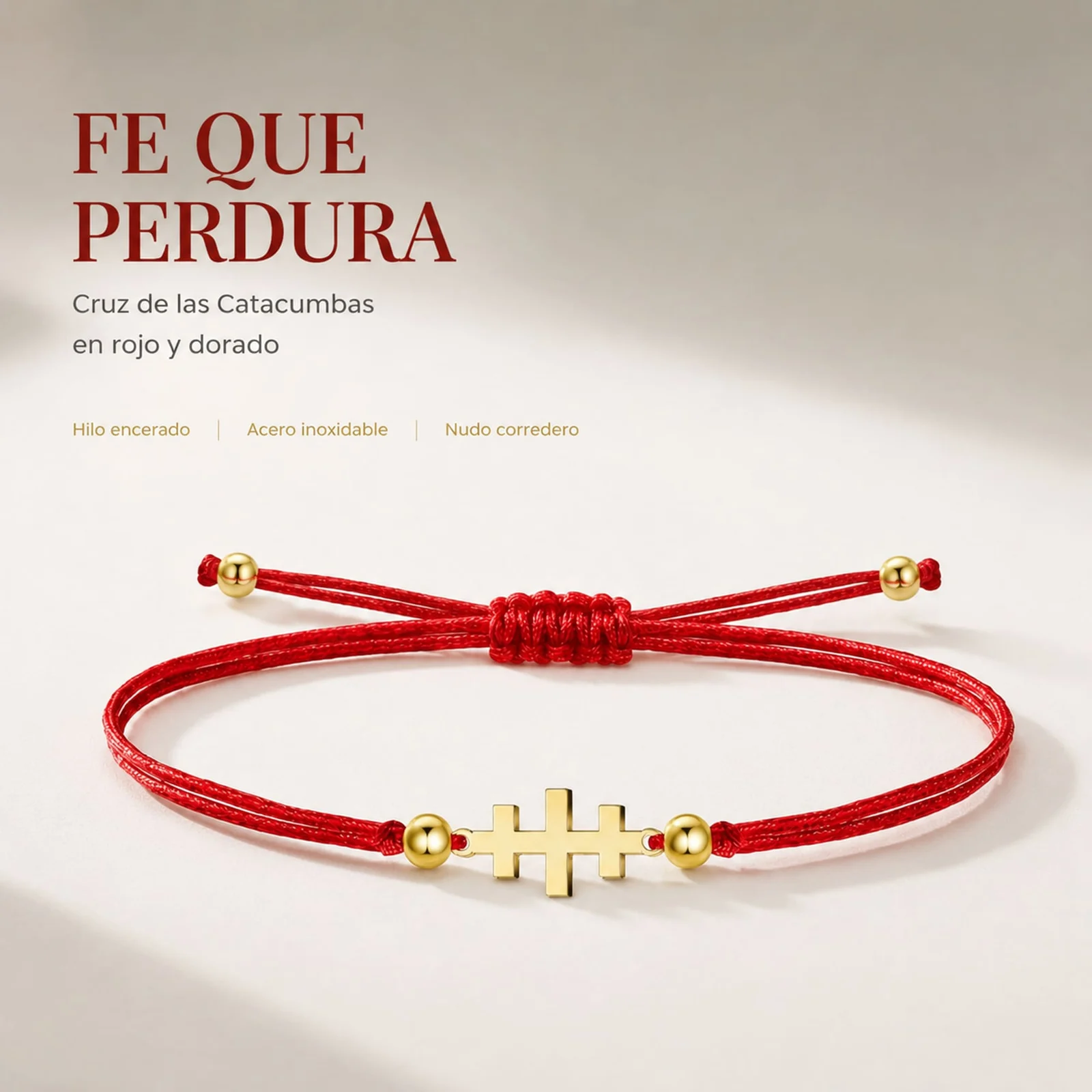 PULSERA CRUZ CATACUMBAS DORADO DE HILO EN.ROJO