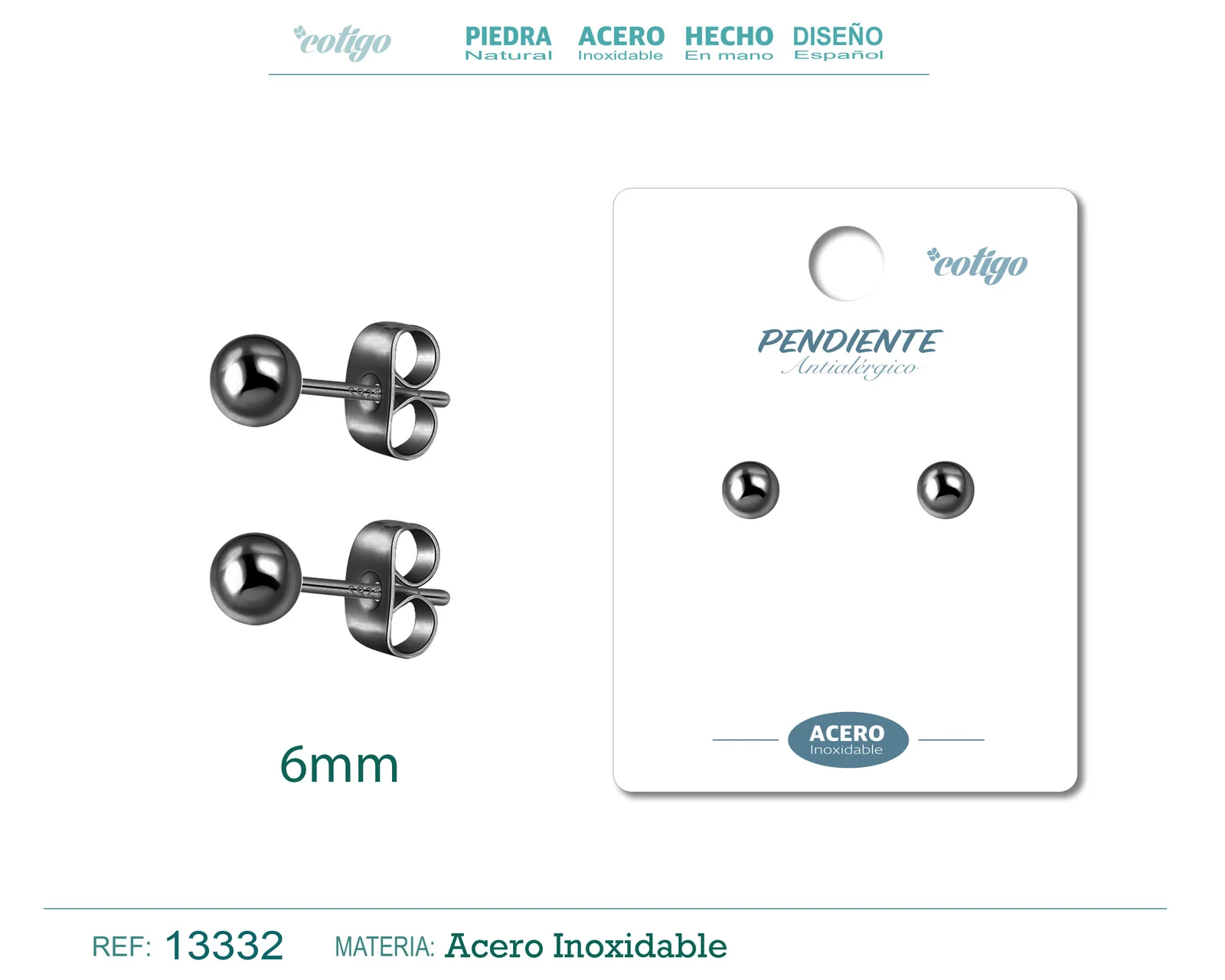 PENDIENTE BOLA 6MM ACERO NEGRO